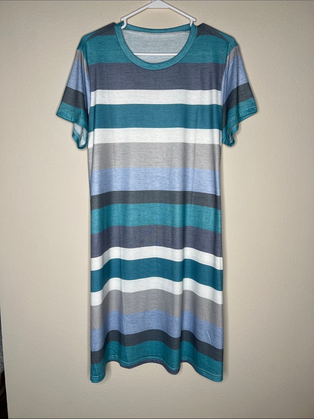 Striped Teal and Gray Short-Sleeve Shift Dress